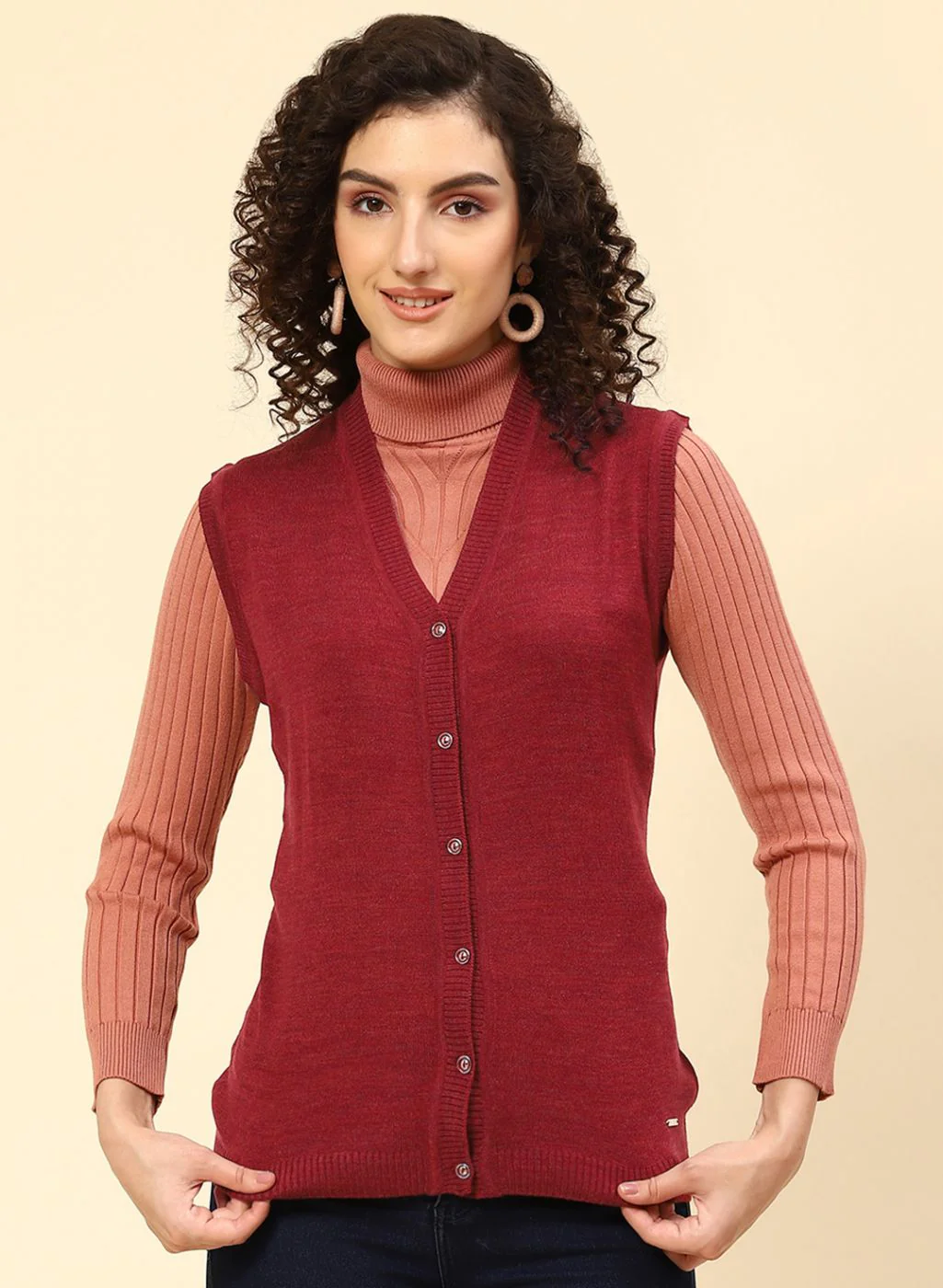 Women Maroon Solid Wool blend Cardigan - Image 2