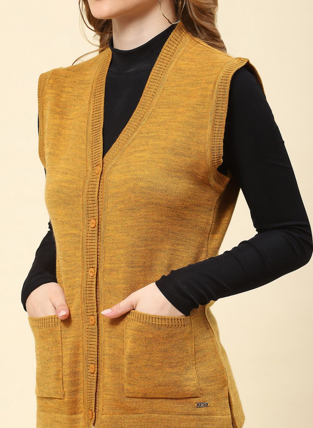 Women Mustard Solid Blend wool Cardigan - Image 6