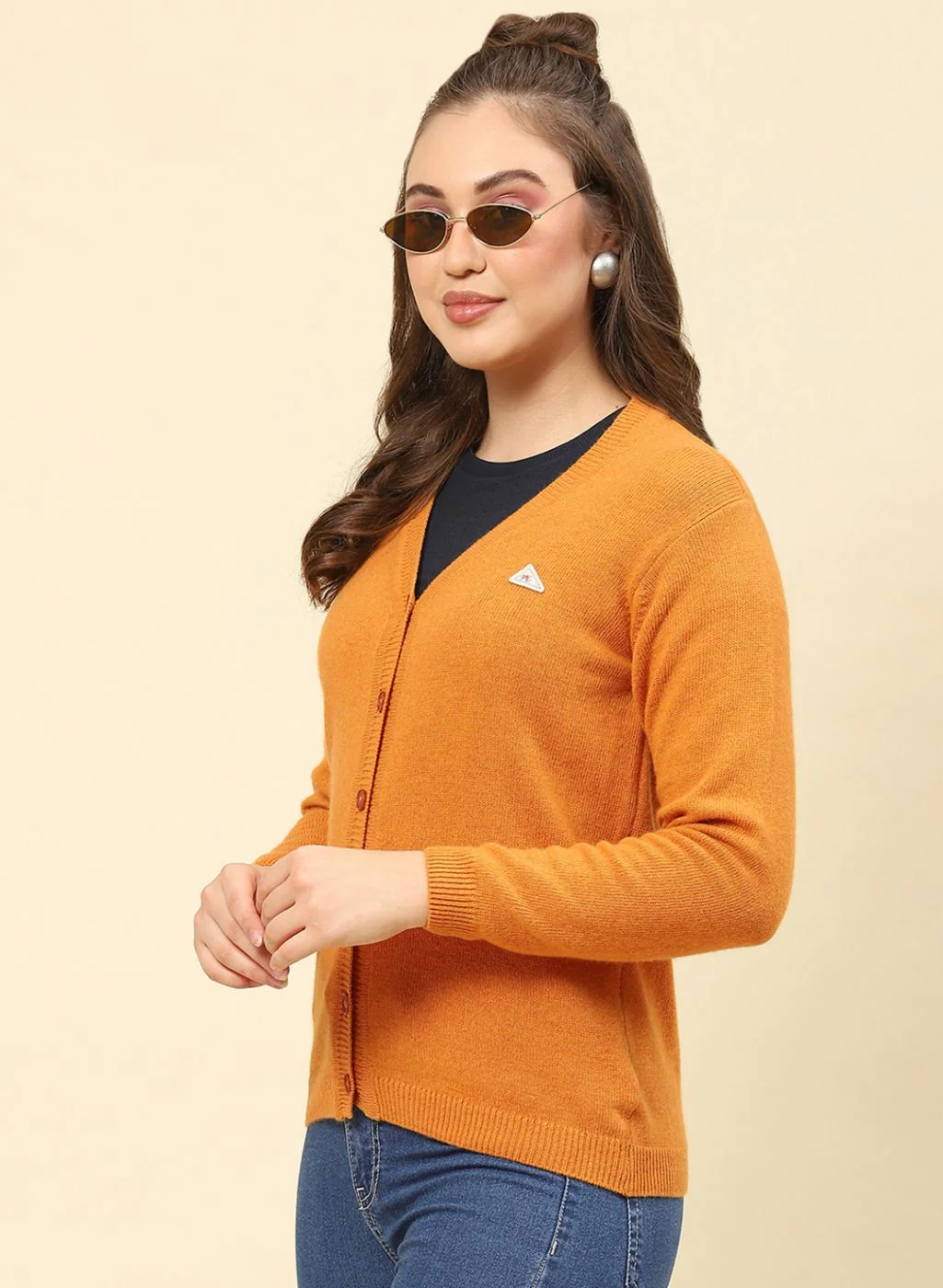 Women Mustard Solid Lamb wool Cardigan - Image 3
