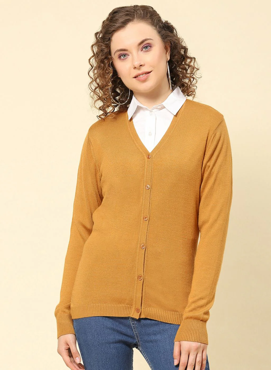 Women Mustard Solid Modal Nylone Cardigan - Image 2