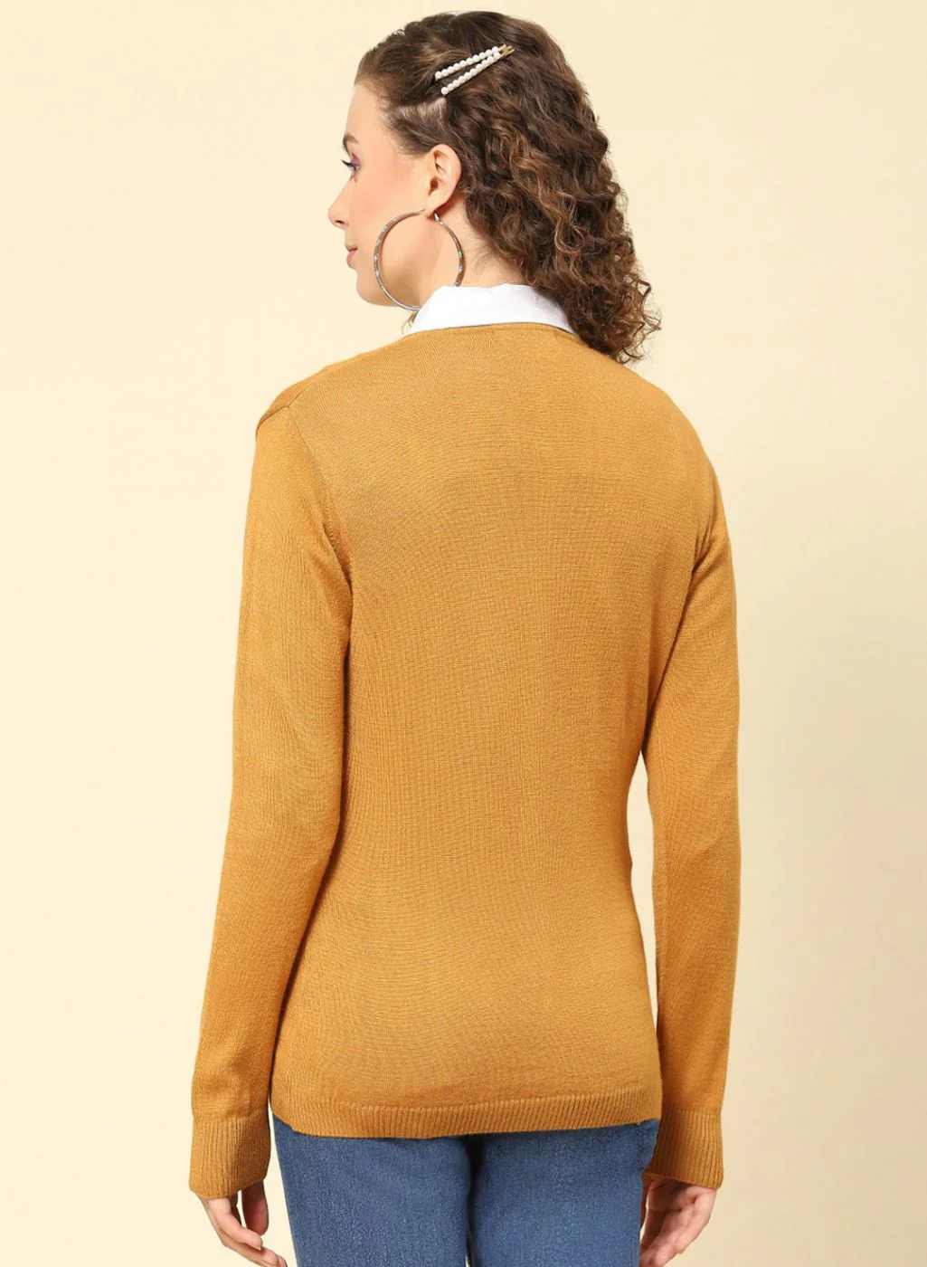 Women Mustard Solid Modal Nylone Cardigan - Image 5