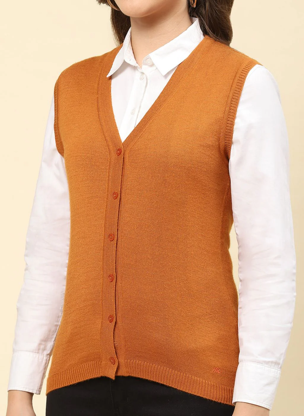 Women Mustard Solid Modal Nylone Cardigan - Image 6