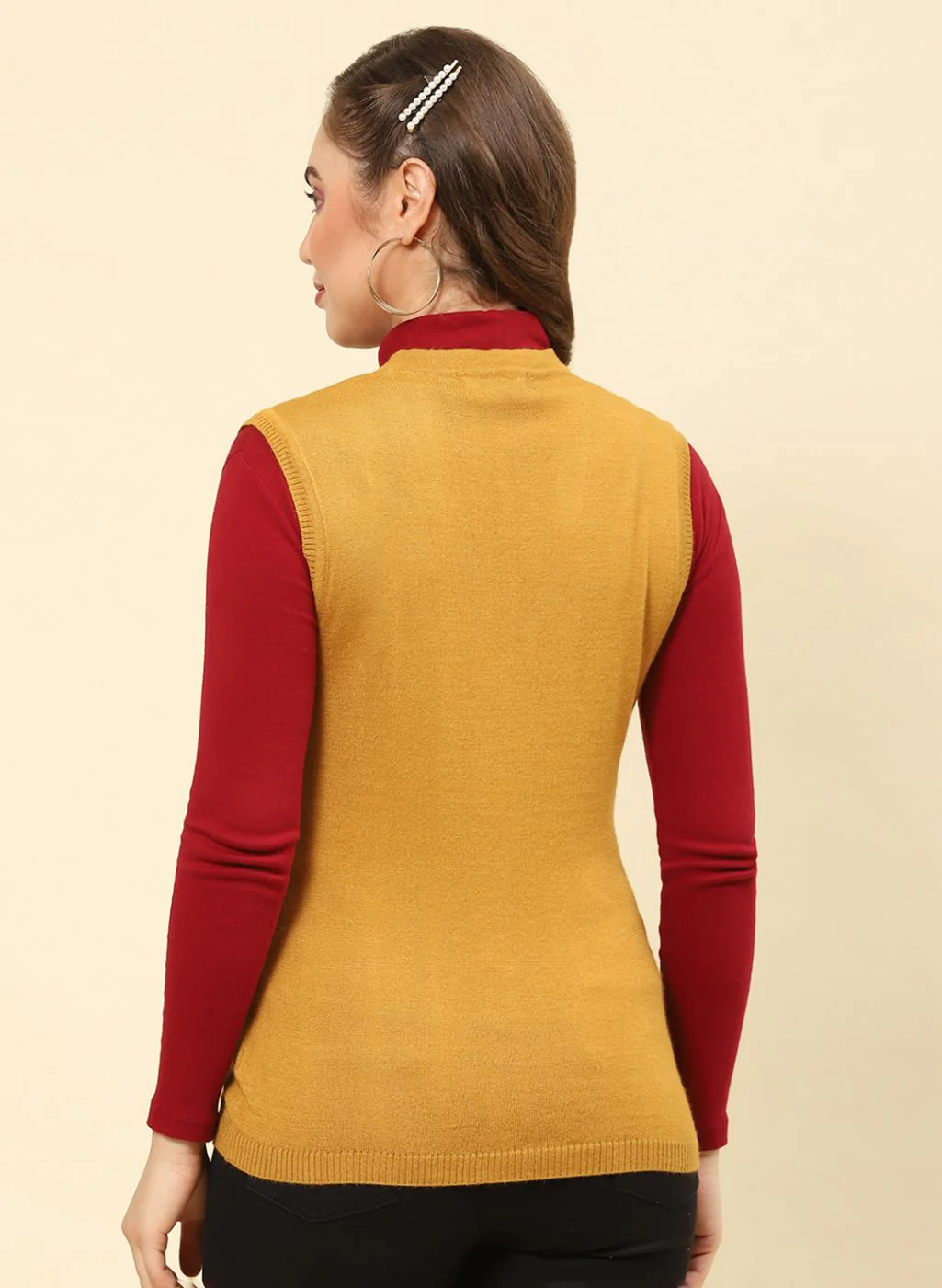 Women Mustard Solid Modal Nylone Cardigan - Image 5