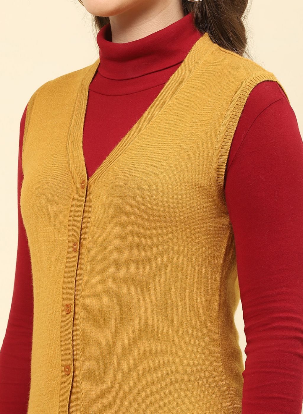 Women Mustard Solid Modal Nylone Cardigan - Image 6