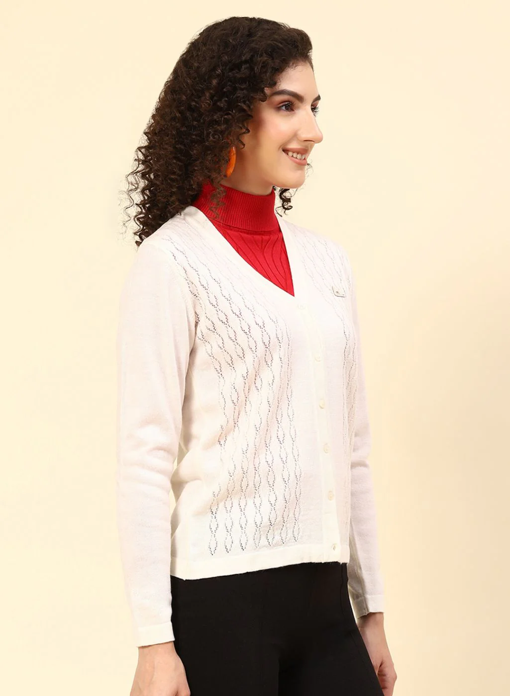 Women Off White Self Design Wool blend Cardigan - Image 4