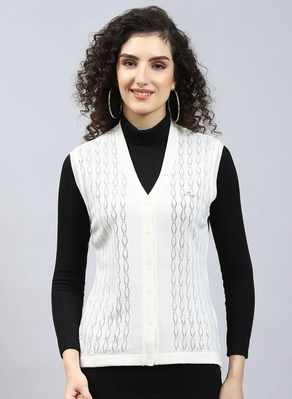 Women Off White Self Design Wool blend Cardigan - Image 2