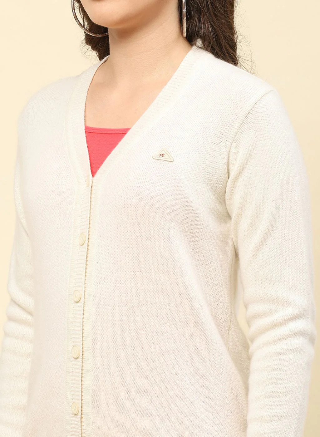 Women Off White Solid Lamb wool Cardigan - Image 6