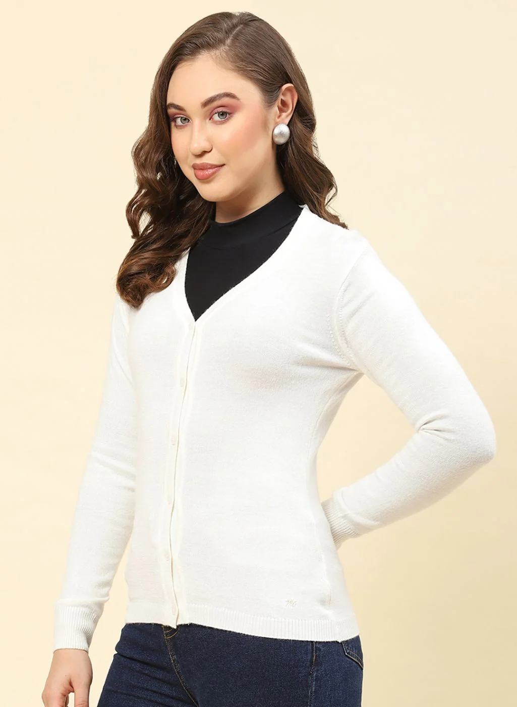 Women Off White Solid Modal Nylone Cardigan - Image 3