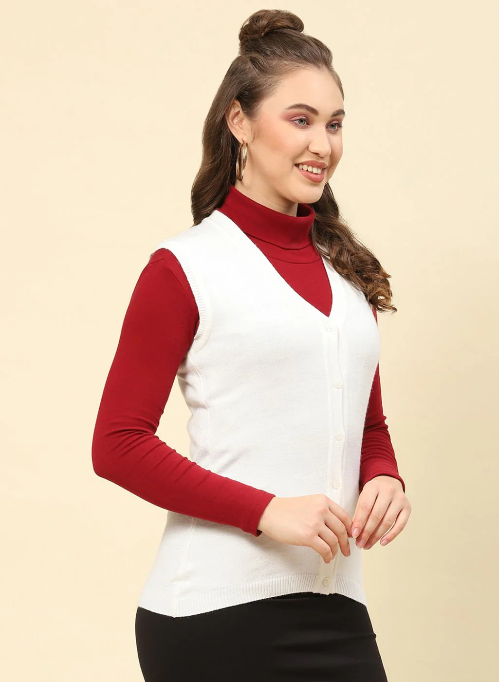 Women Off White Solid Modal Nylone Cardigan - Image 4