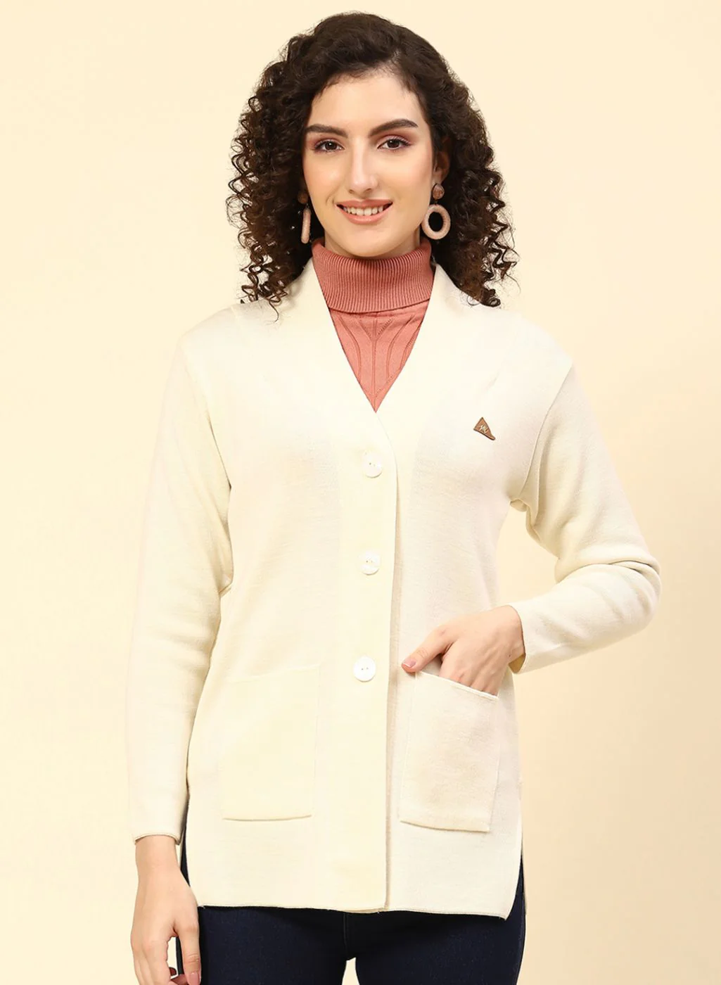 Women Off White Solid Pure wool Cardigan - Image 2