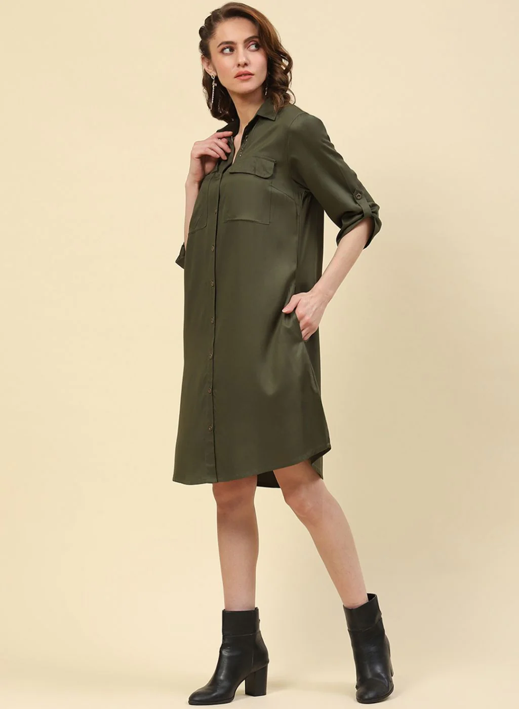 Women Olive Plain Tunic - Image 2