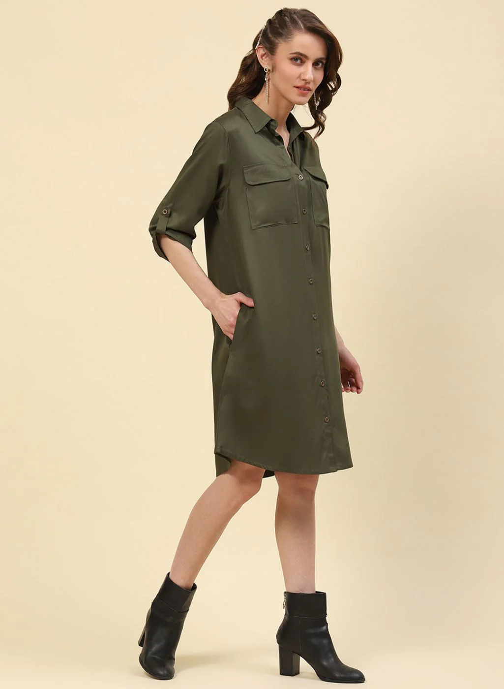 Women Olive Plain Tunic - Image 3