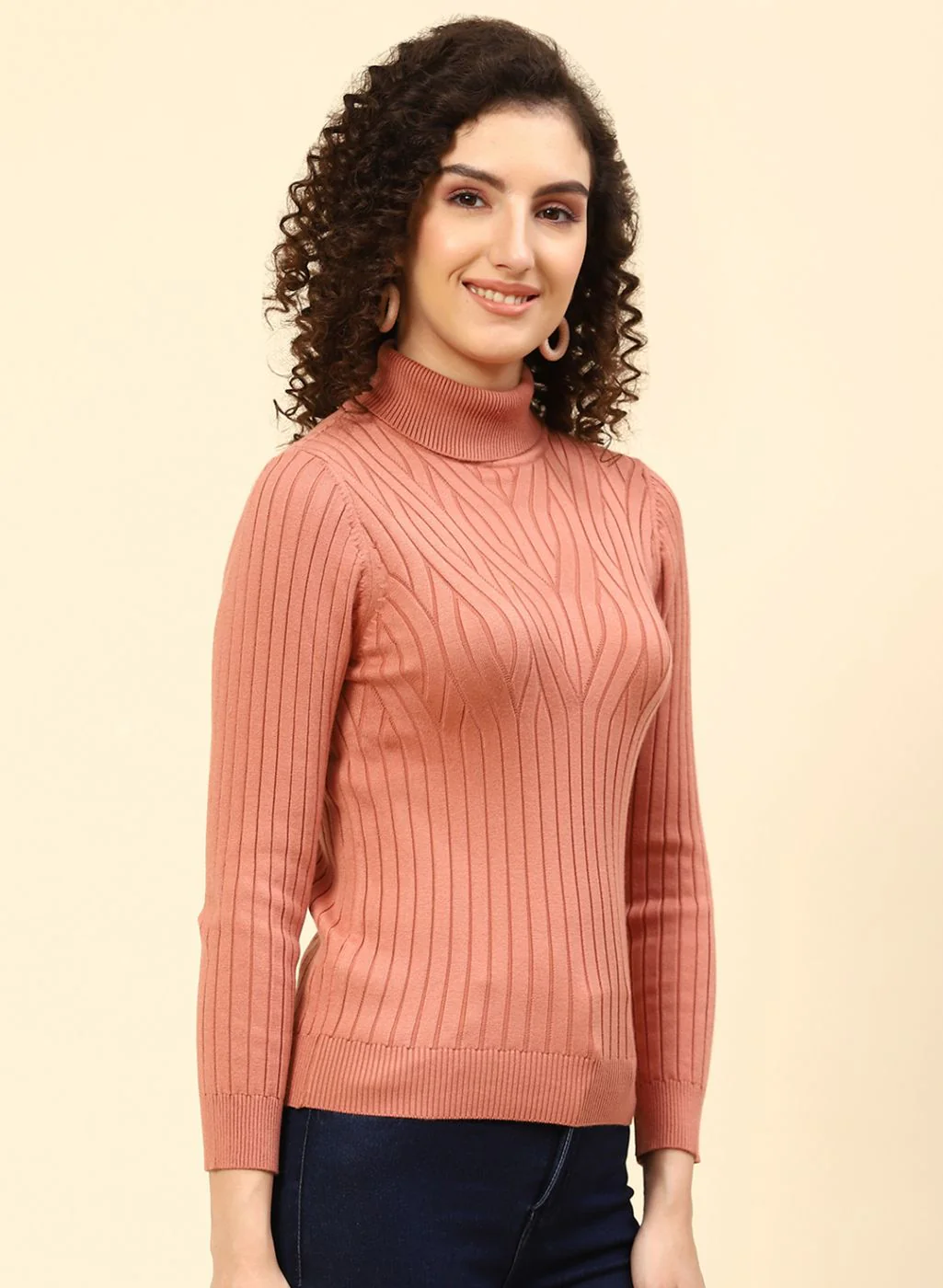 Women Peach Self Design Wool blend Top - Image 4