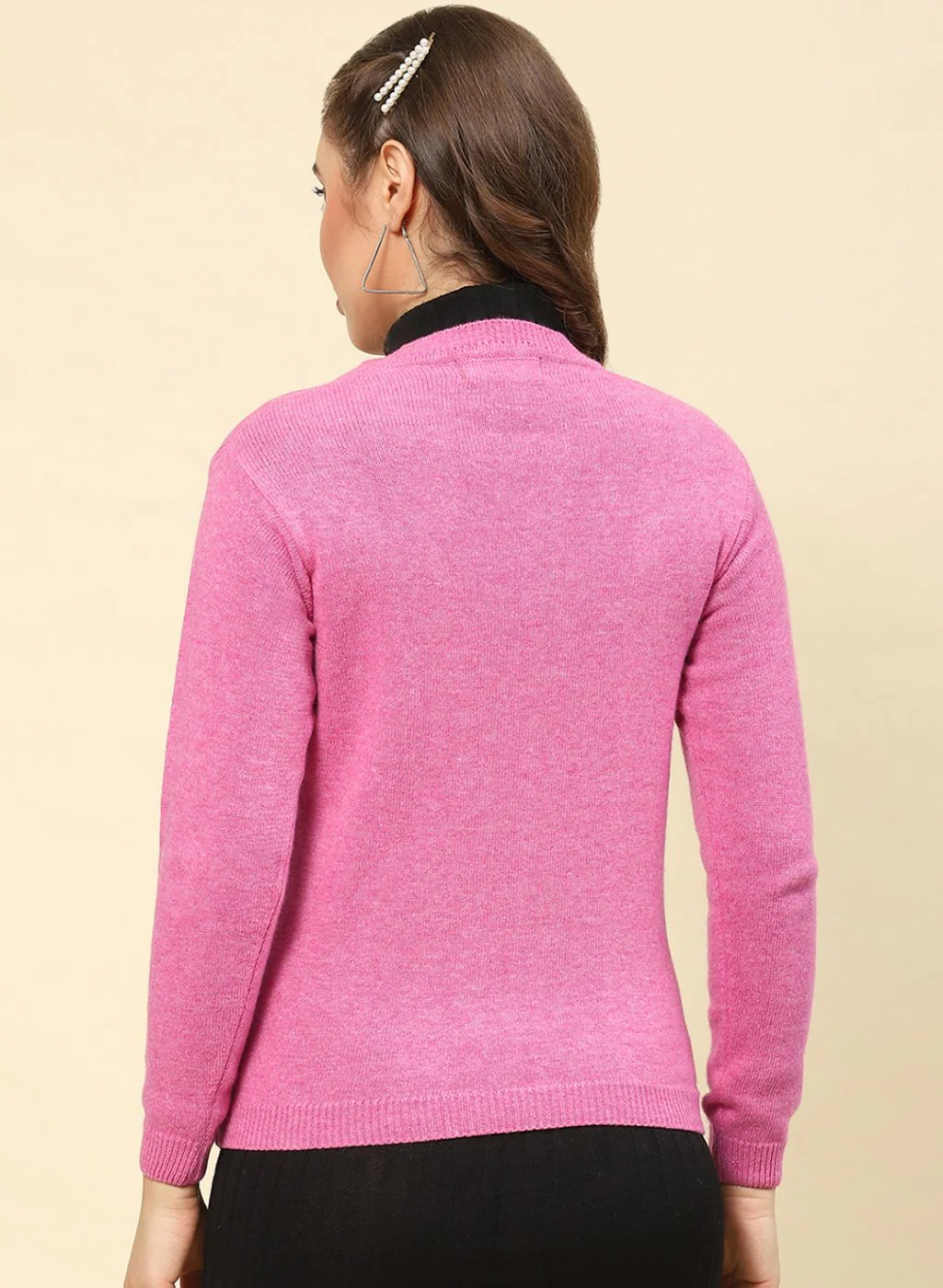 Women Pink Solid Lamb wool Cardigan - Image 5