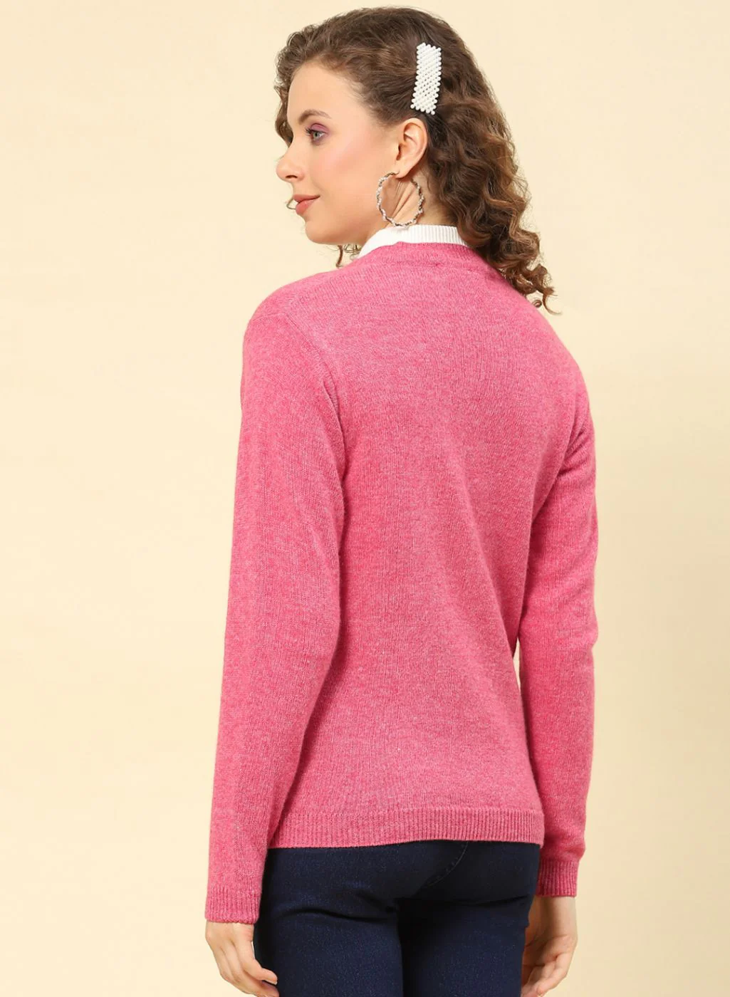 Women Pink Solid Lamb wool Cardigan - Image 5