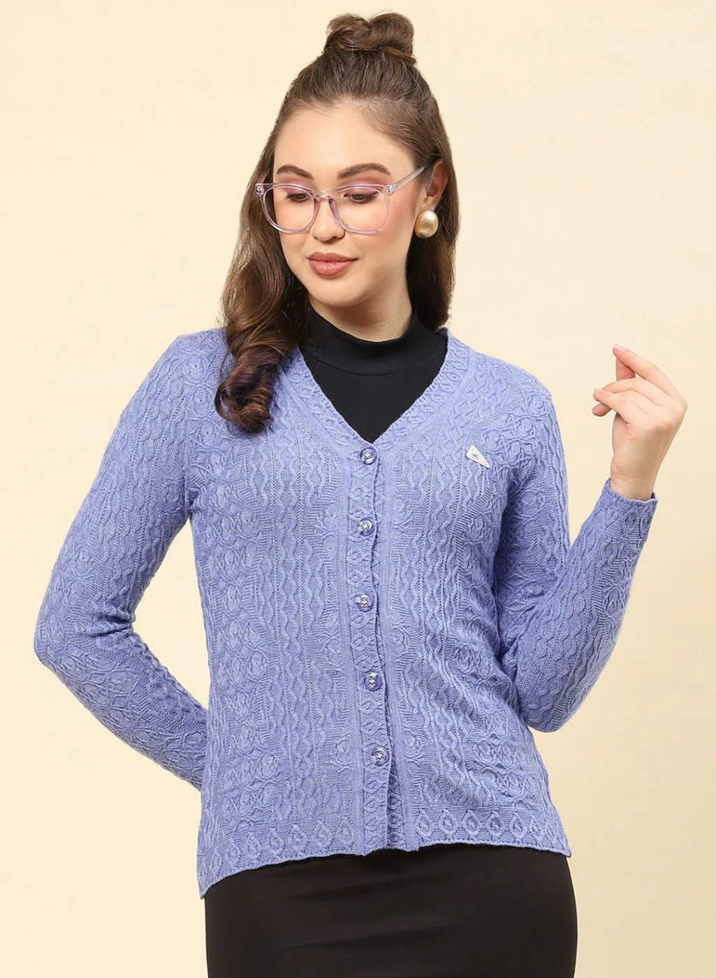 Women Purple Self Design Blend wool Cardigan - Image 2