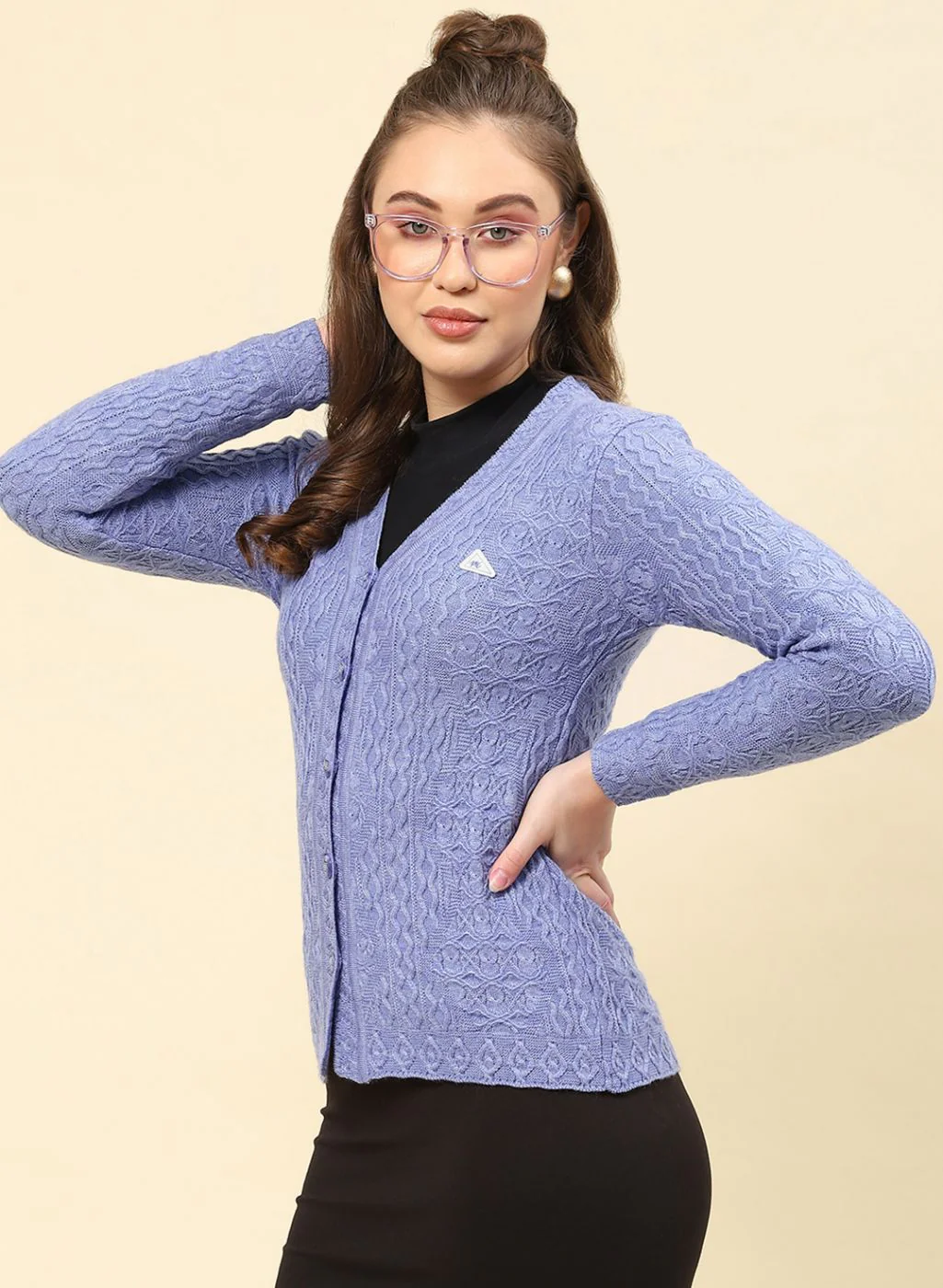 Women Purple Self Design Blend wool Cardigan - Image 3