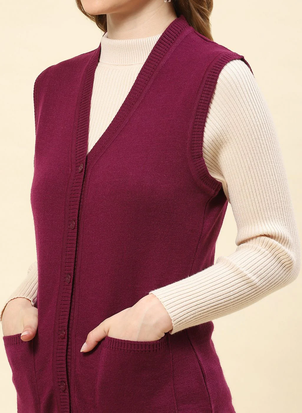 Women Purple Solid Blend wool Cardigan - Image 6