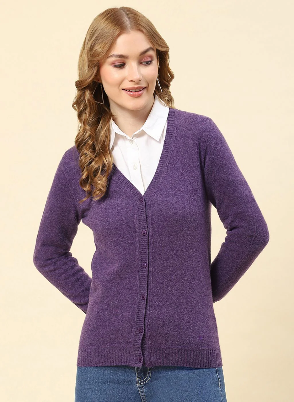 Women Purple Solid Lamb wool Cardigan - Image 2