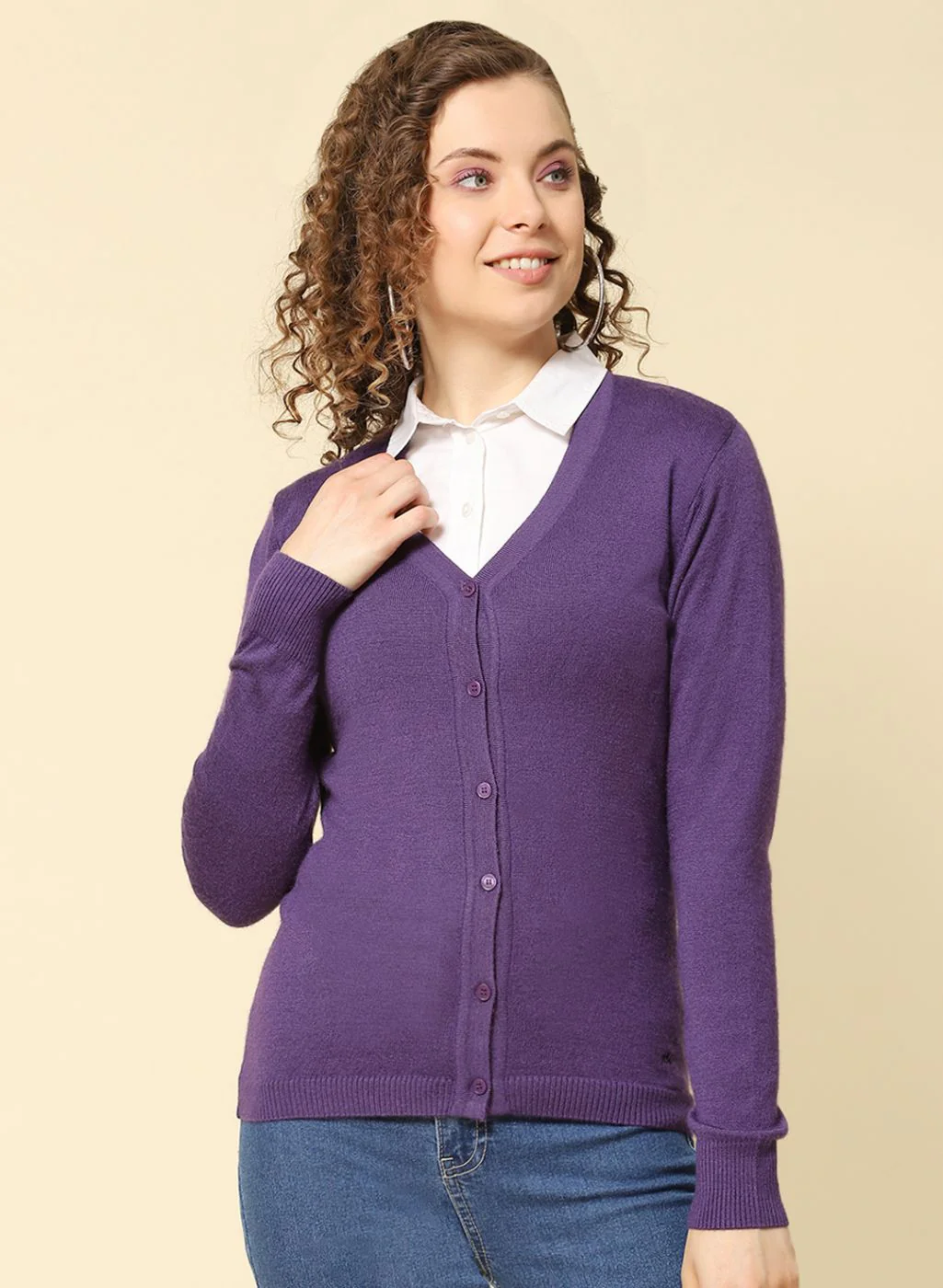 Women Purple Solid Modal Nylone Cardigan - Image 2