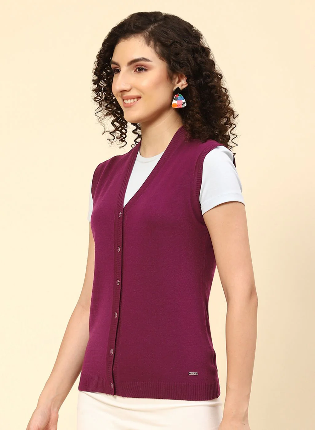 Women Purple Solid Wool blend Cardigan - Image 3