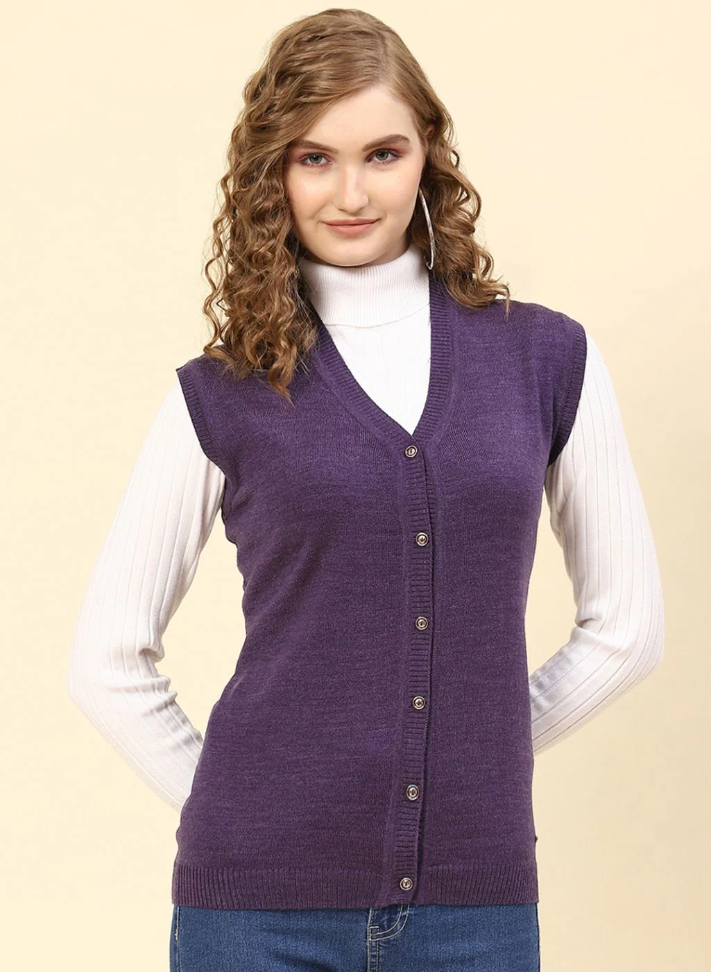 Women Purple Solid Wool blend Cardigan - Image 2