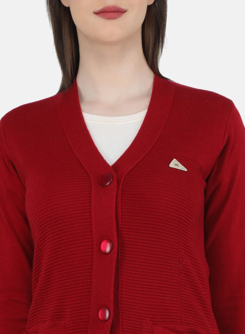 Women Red Self Design Cardigan - Image 5