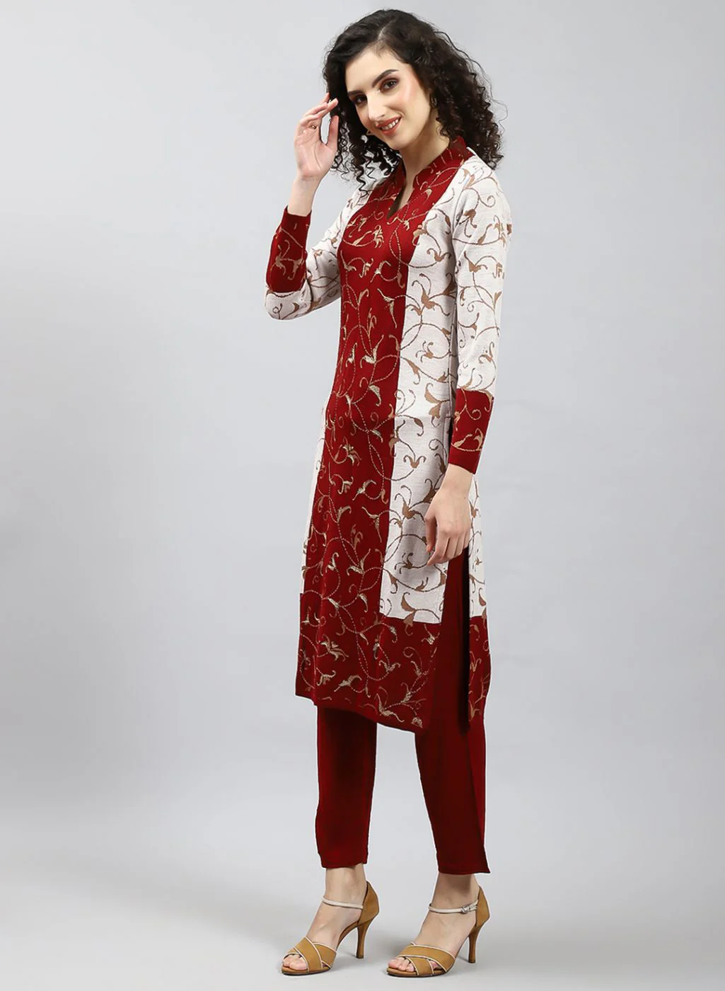 Women Red Self Design Kurti+Lower Set for Winter - Image 3