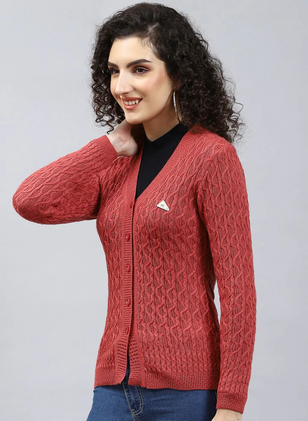 Women Red Self Design Wool blend Cardigan - Image 3