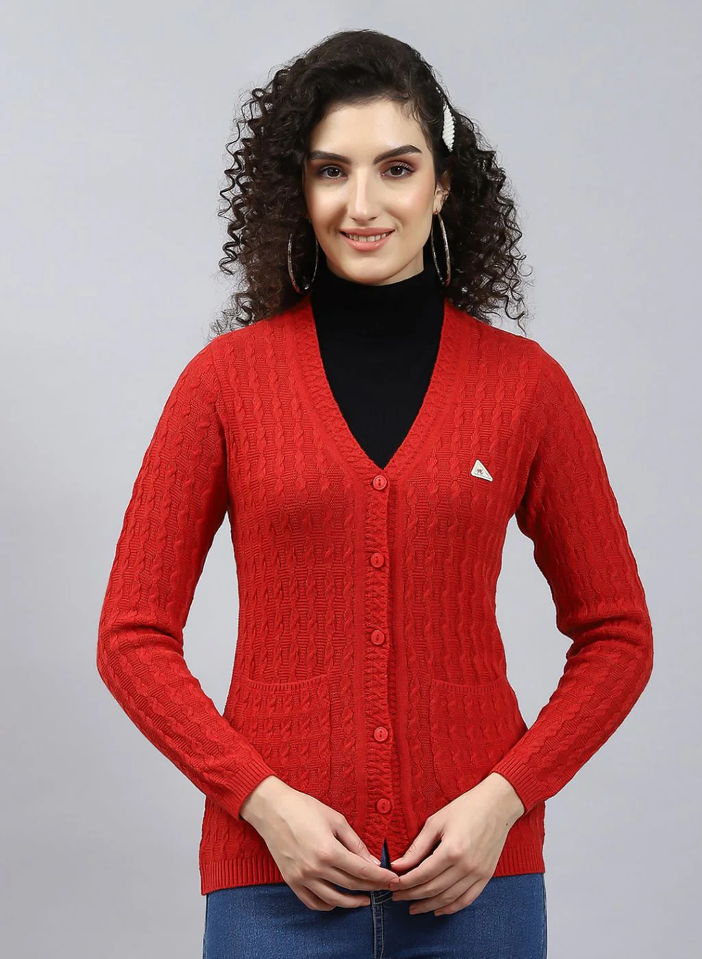 Women Red Self Design Wool blend Cardigan - Image 2