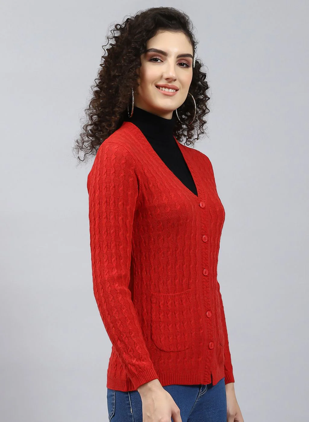 Women Red Self Design Wool blend Cardigan - Image 4