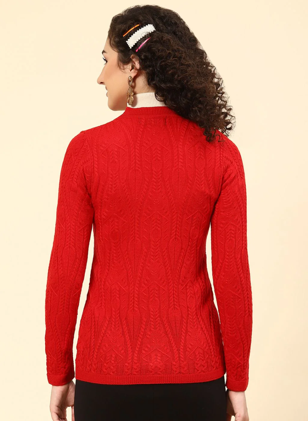 Women Red Self Design Wool blend Cardigan - Image 5