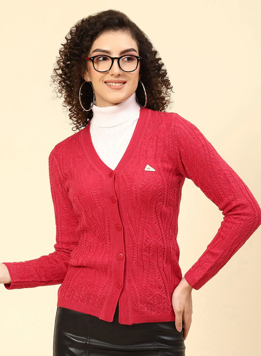Women Red Self Design Wool blend Cardigan - Image 2