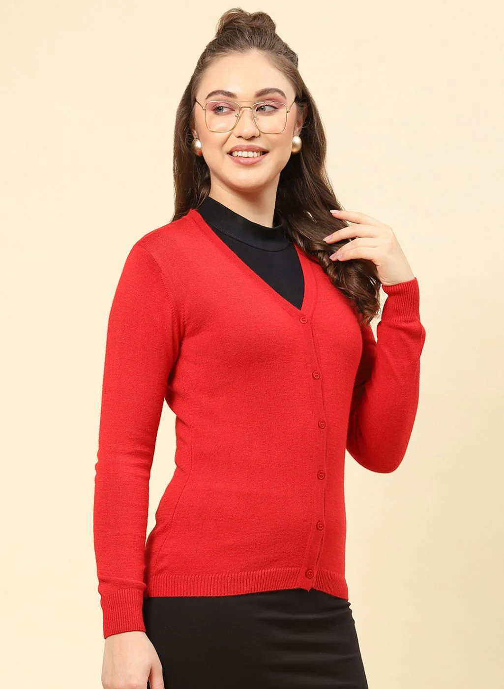 Women Red Solid Modal Nylone Cardigan - Image 4