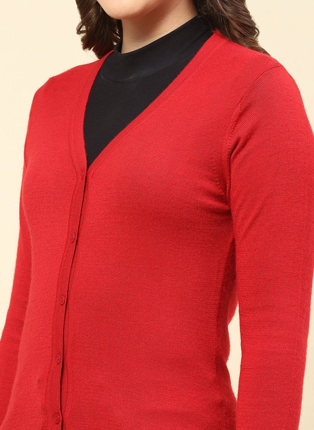 Women Red Solid Modal Nylone Cardigan - Image 6