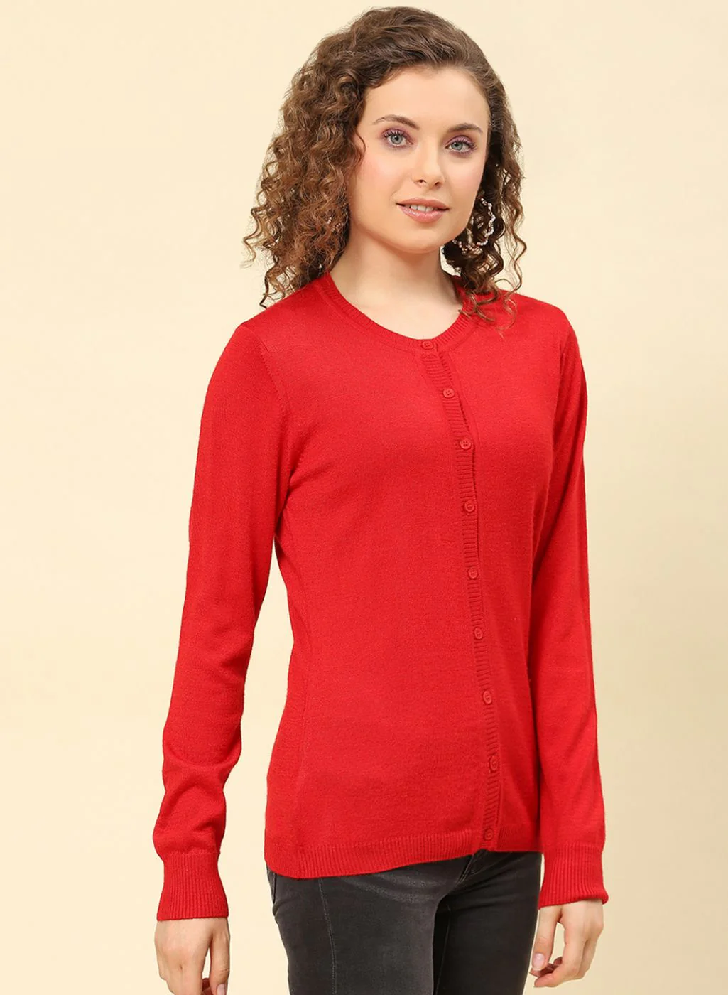 Women Red Solid Modal Nylone Cardigan - Image 4