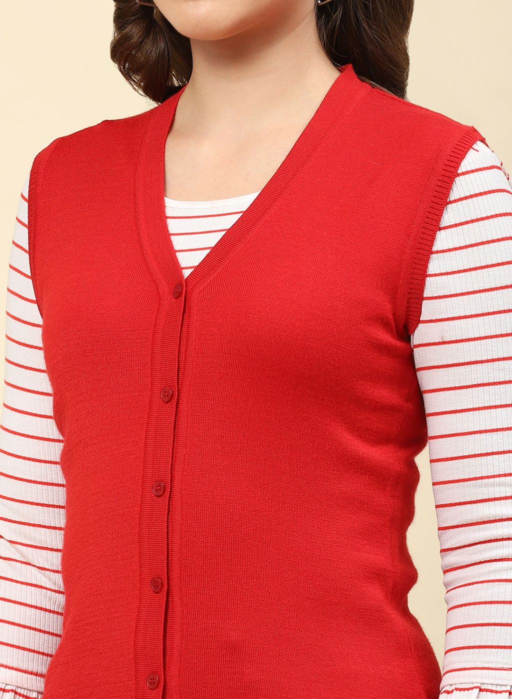 Women Red Solid Modal Nylone Cardigan - Image 6