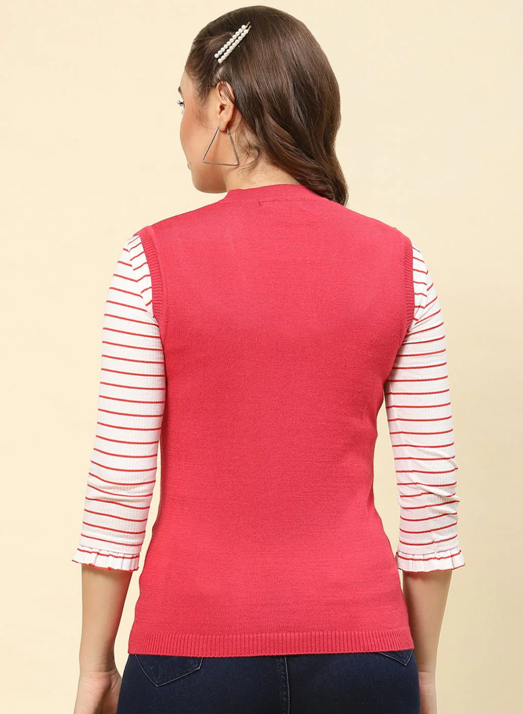 Women Red Solid Modal Nylone Cardigan - Image 5
