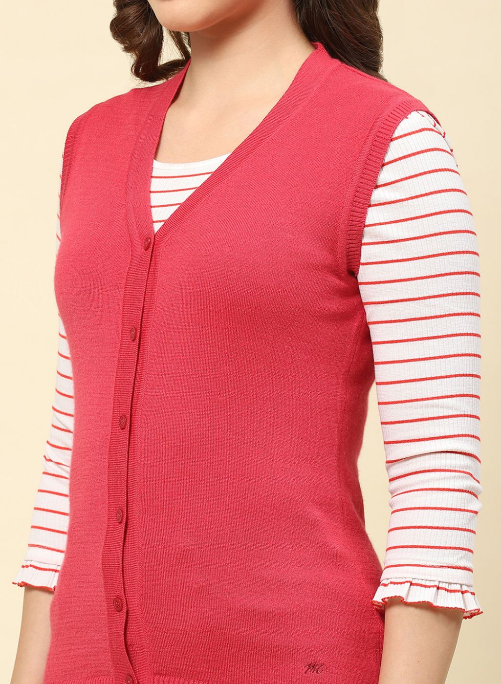 Women Red Solid Modal Nylone Cardigan - Image 6