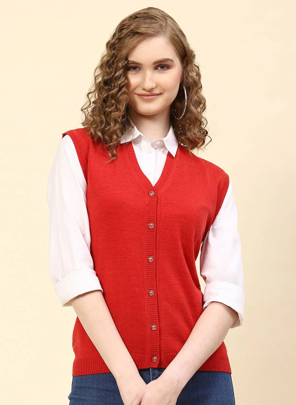 Women Red Solid Wool blend Cardigan - Image 2