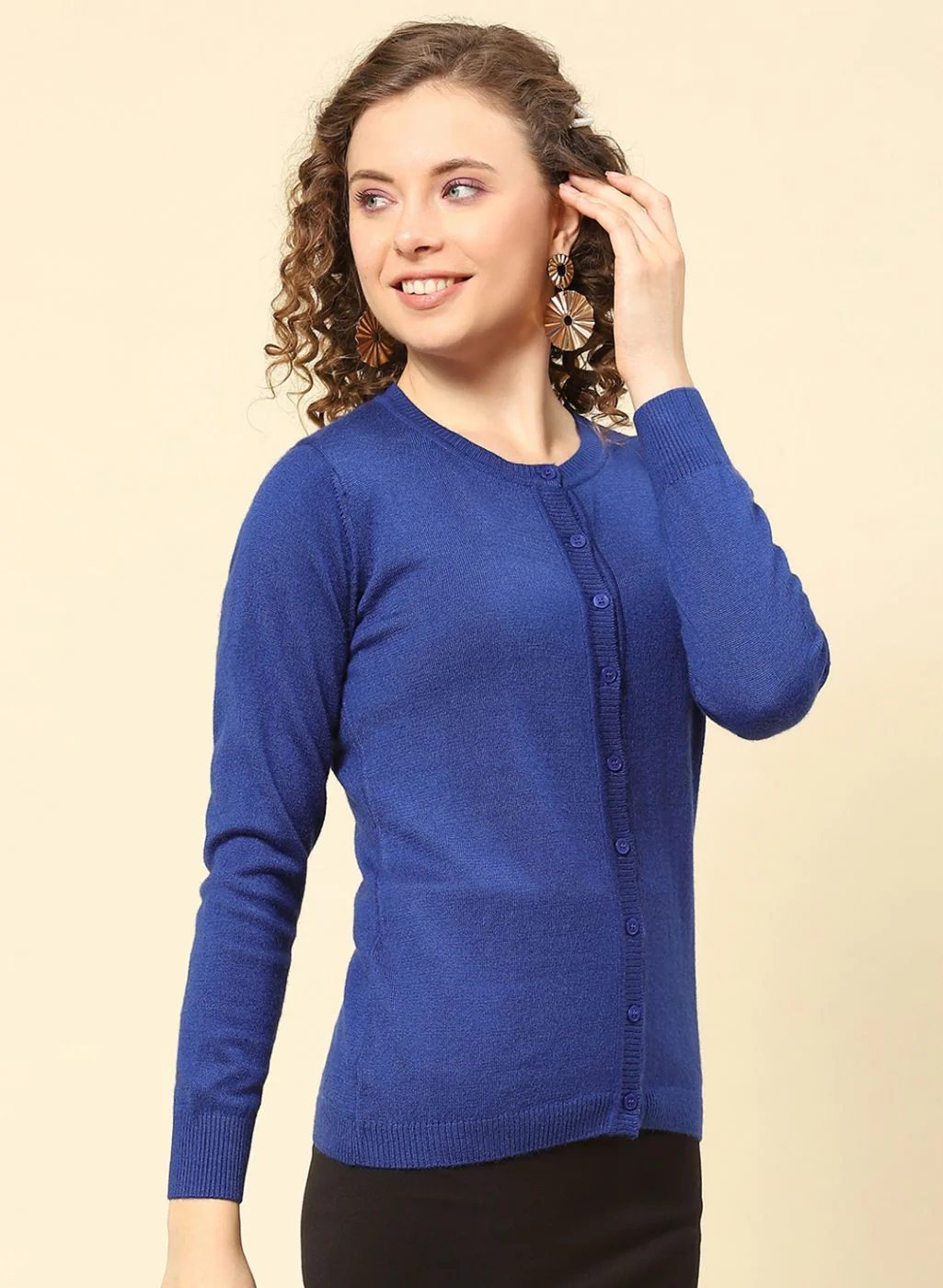 Women Royal Blue Solid Modal Nylone Cardigan - Image 2