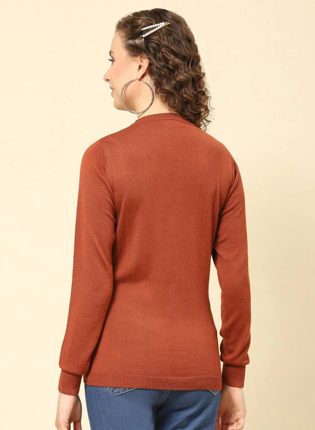 Women Rust Orange Solid Modal Nylone Cardigan - Image 5