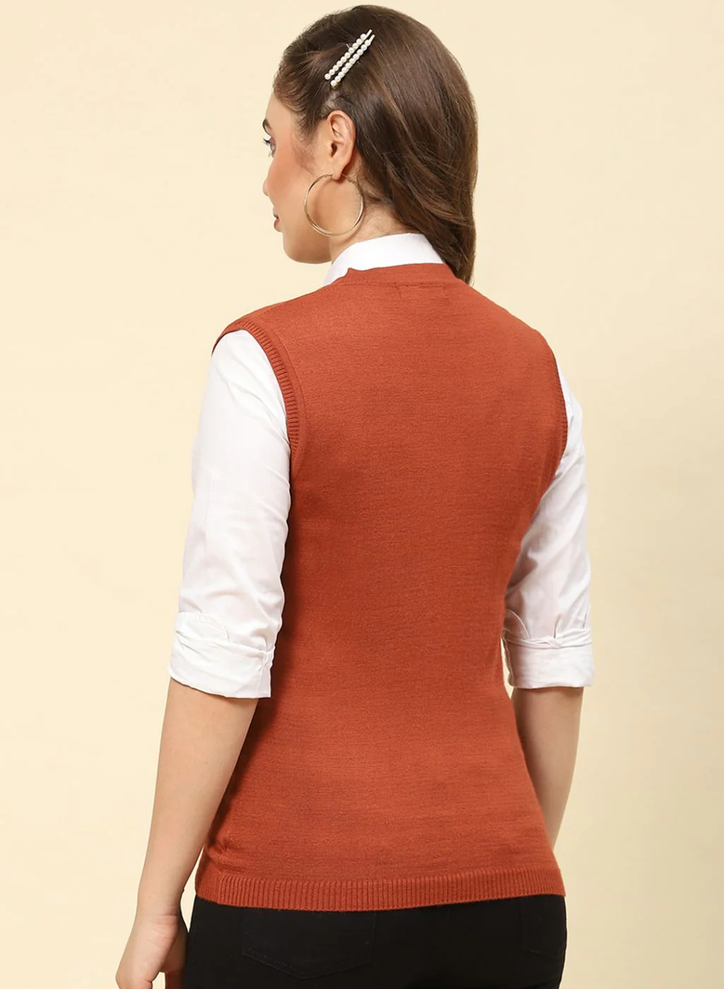 Women Rust Orange Solid Modal Nylone Cardigan - Image 5