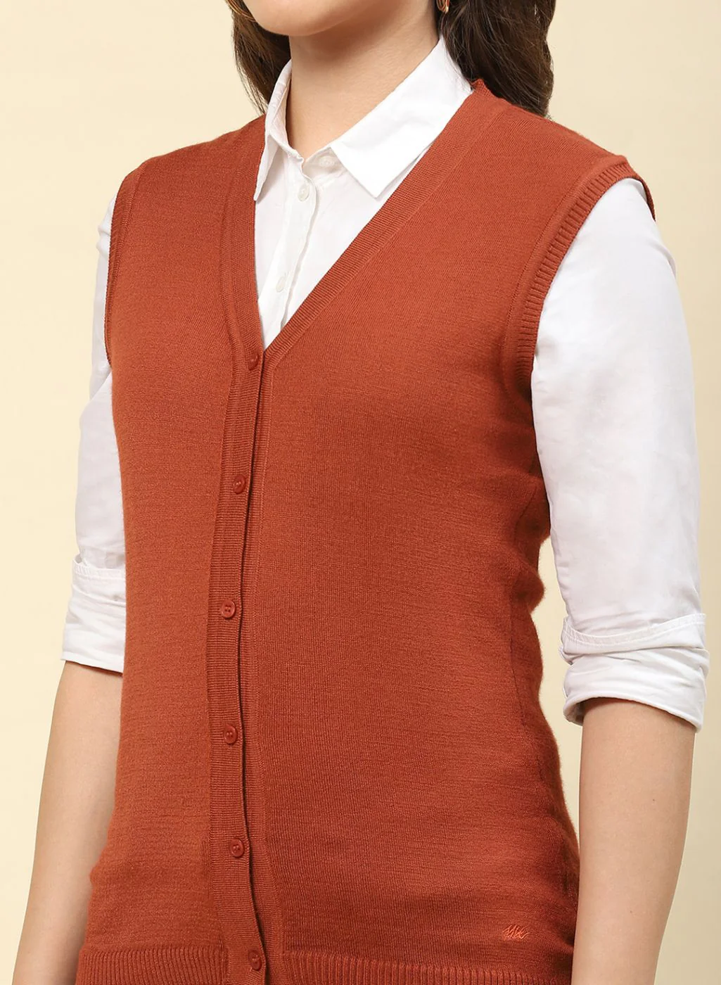 Women Rust Orange Solid Modal Nylone Cardigan - Image 6