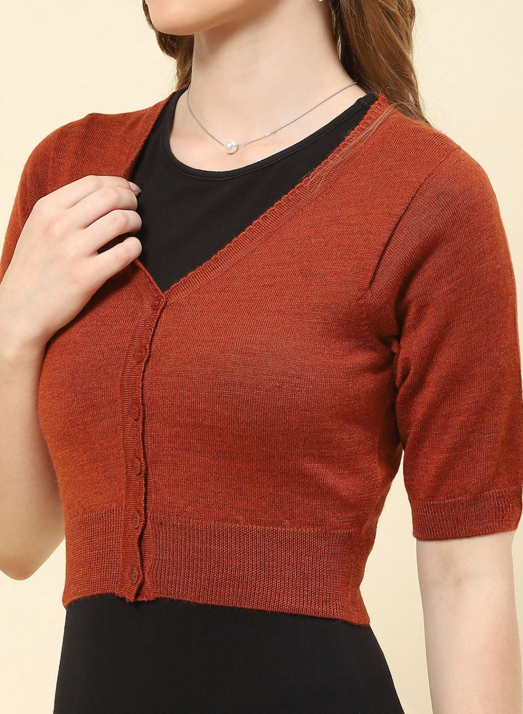 Women Rust Orange Solid Pure wool Blouse - Image 6
