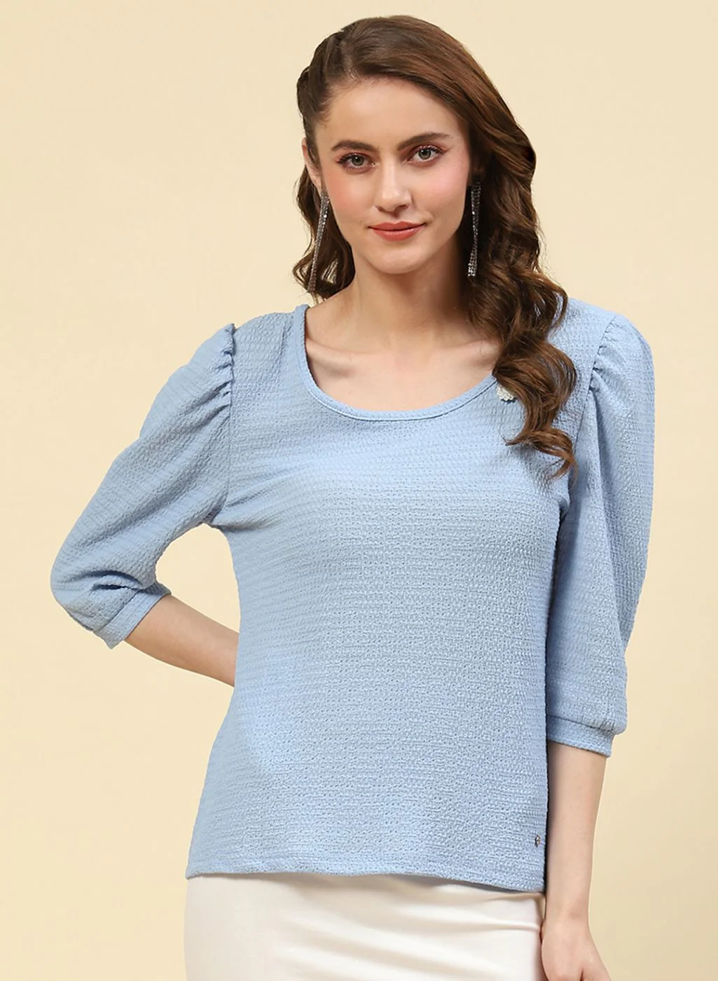 Women Sky Blue Printed Top - Image 3