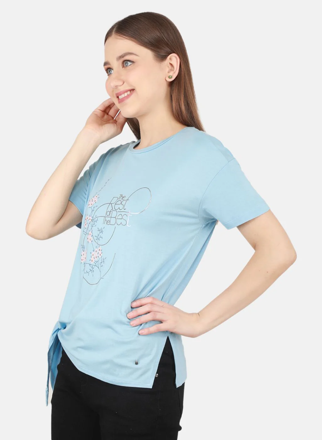 Women Sky Blue Printed Top - Image 2