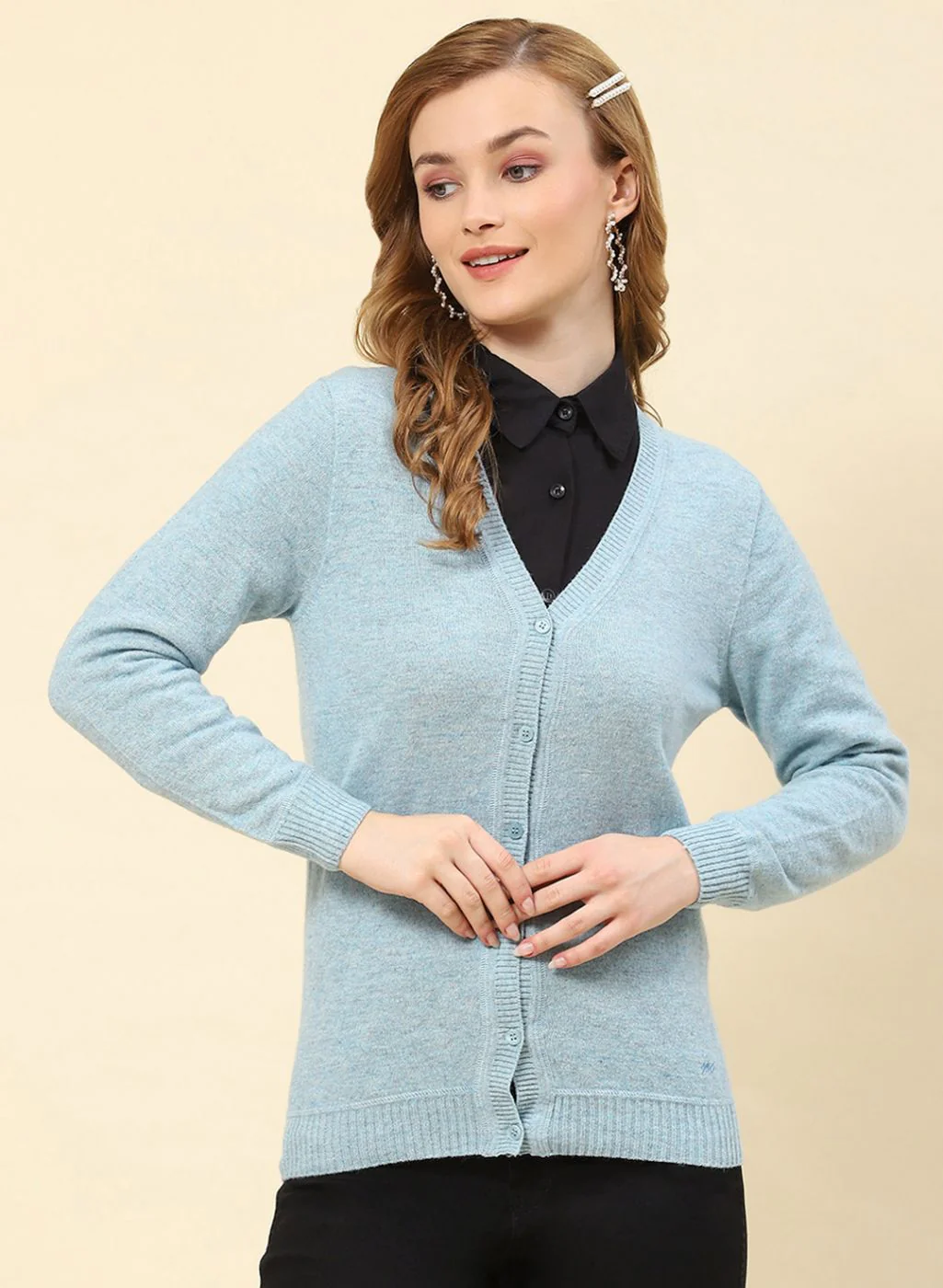 Women Sky Blue Solid Lamb wool Cardigan - Image 2