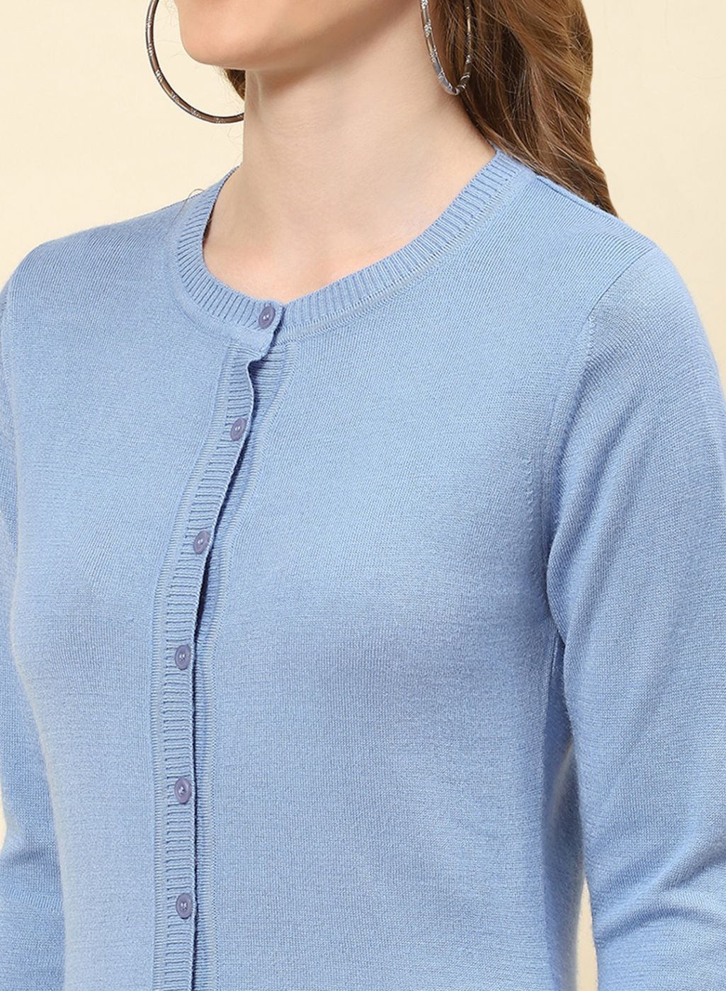 Women Sky Blue Solid Modal Nylone Cardigan - Image 6