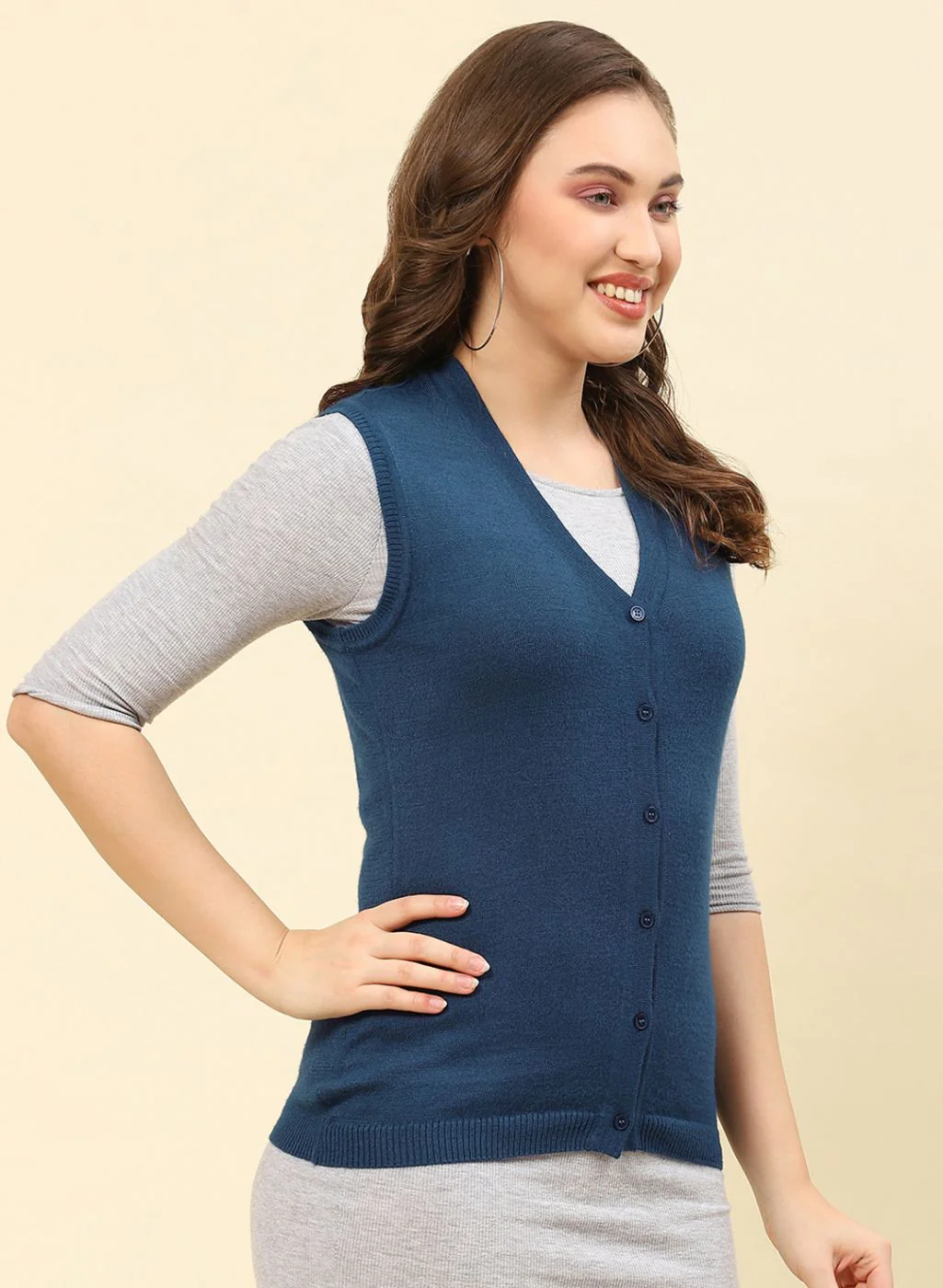 Women Teal Blue Solid Modal Nylone Cardigan - Image 4